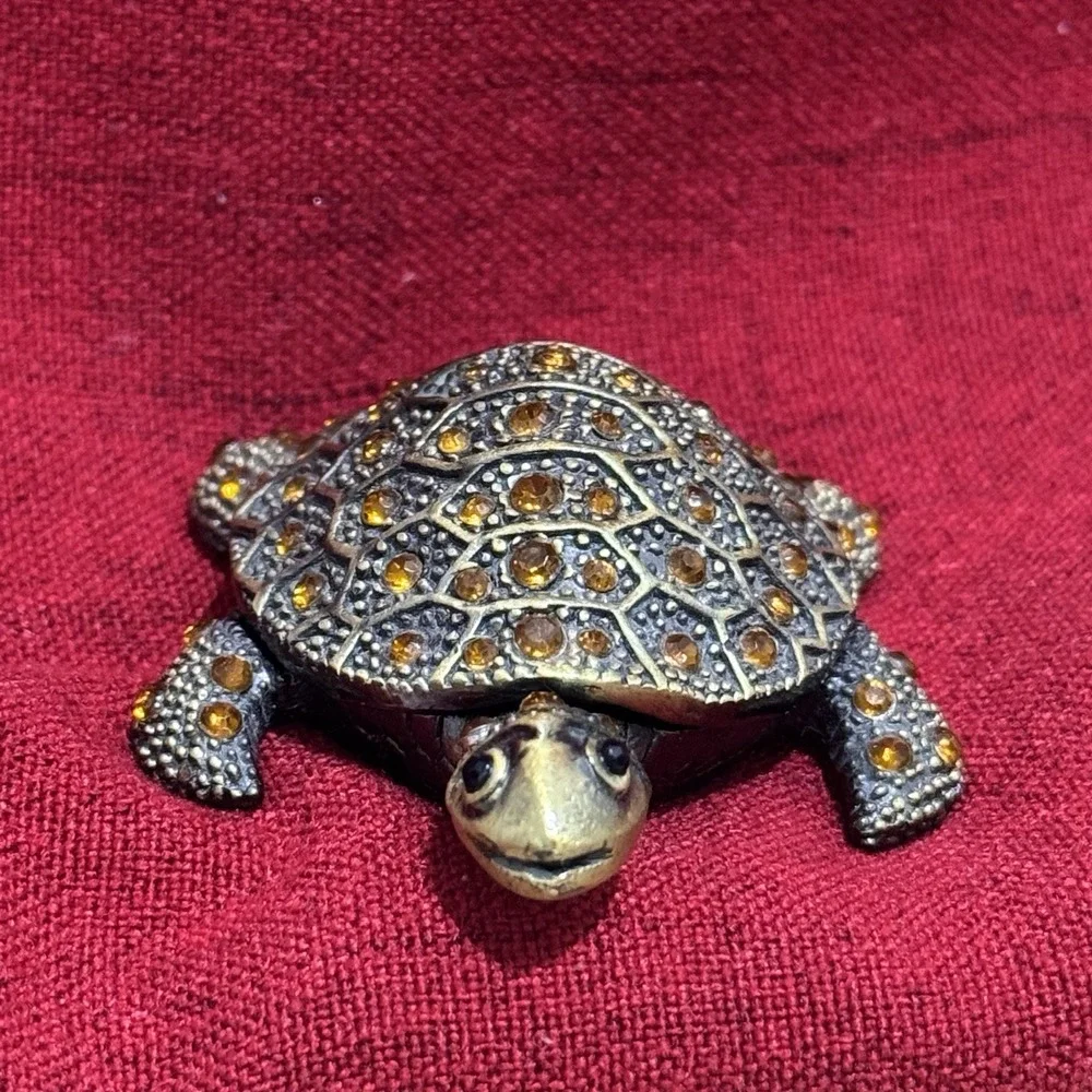 Rhinestone Turtle Trinket Box Enameled Magnetic Closure Tortoise Jeweled Brassy